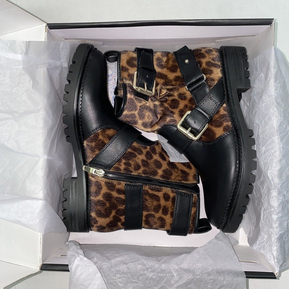 Nine West Arria8 Womens Boots Size 7M Leopard Black Faux Leather Biker